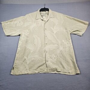 Tommy Bahama Shirt Mens XL Beige Silk Floral Hawaiian Button Up Camp Casual